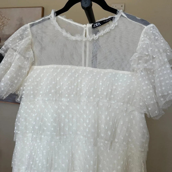 Zara ruffled tulle dress midi size sheer cream‎ polka dot S - Picture 4 of 12